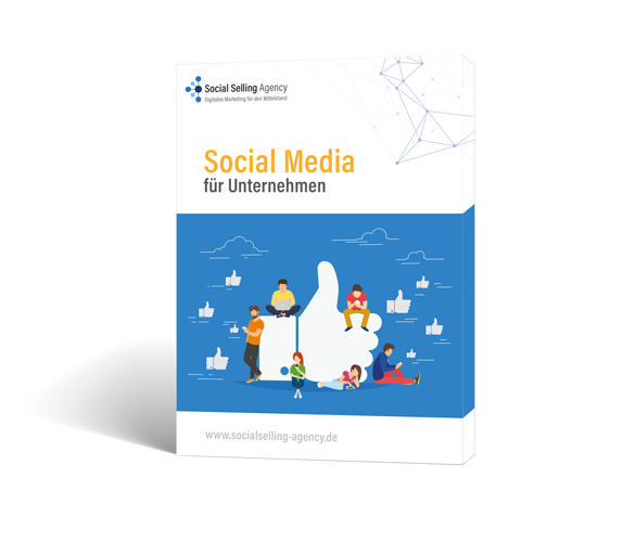 Das Bild zeigt ein Buch mit der Aufschrift "Social Media für Unternehmen". Darunter ist eine Grafik mit einem Daumen-Hoch-Symbol und Menschen.